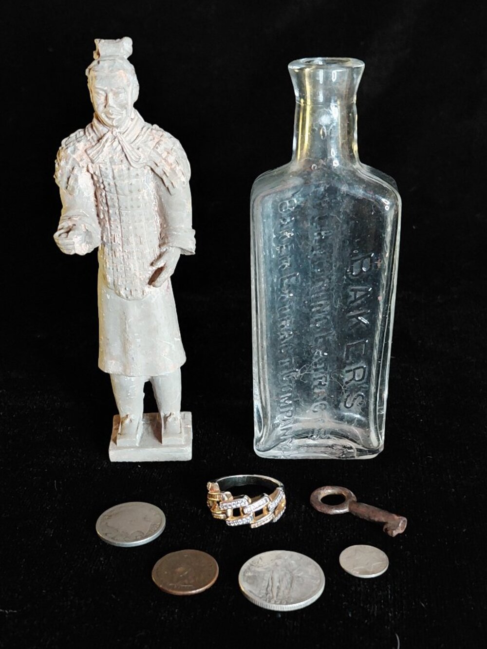 Grandpa's antique lot - jewelry - coins - statue - bottle & key